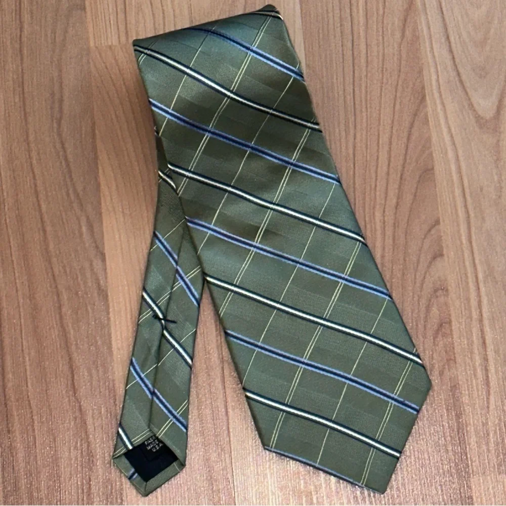 MURANO 100% Silk Tie Olive Sage Green Plaid Diagonal Stripes Blue White